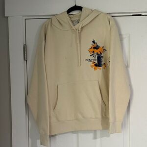 Denim & Flower Cream Hoodie with Orange Sunflower Graphic